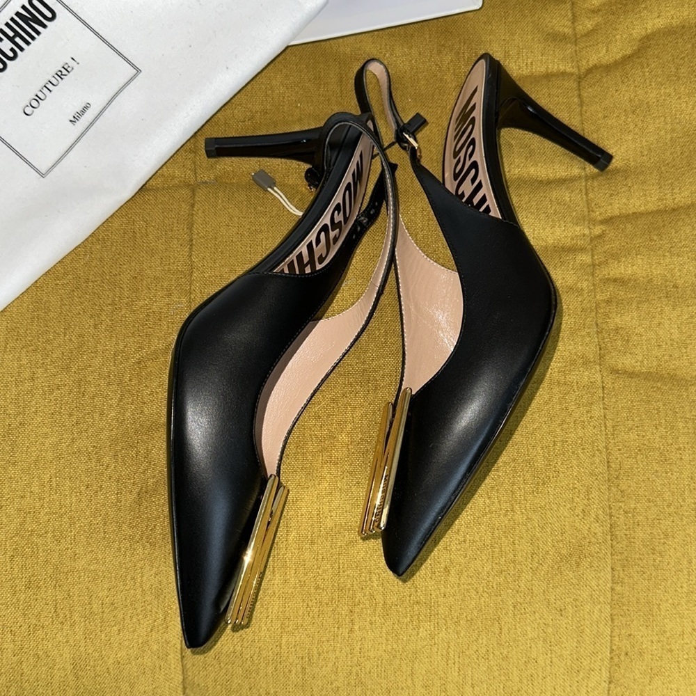 MOSCHINO Couture Gold Logo Black Leather Slingback Pumps Sz. 39 NEW! - Picture 8 of 9